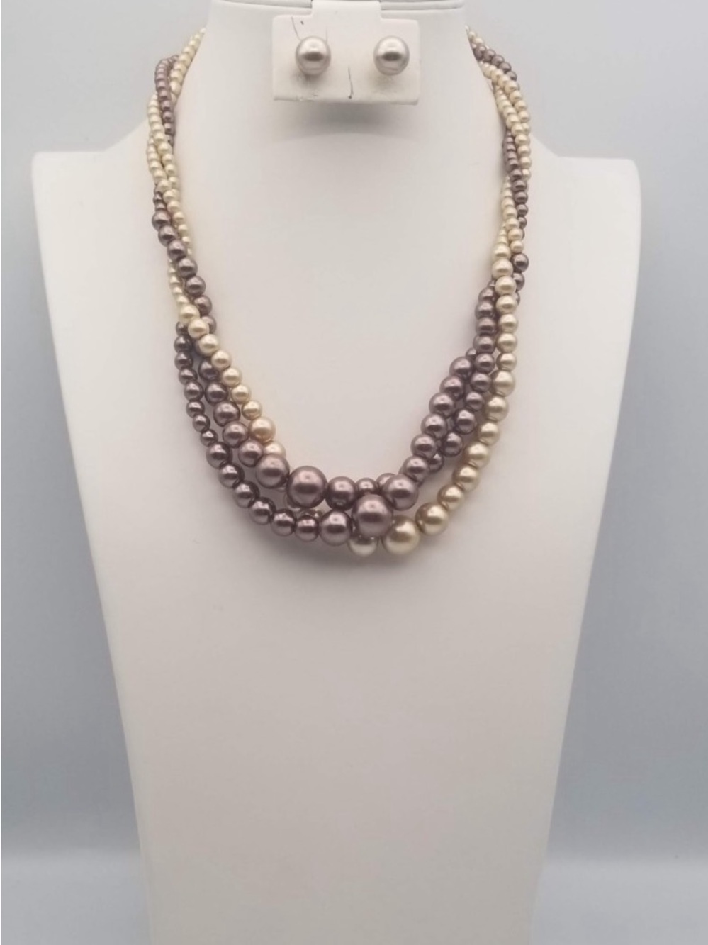 Multi-Strand Pearl Necklace and Stud Earrings - Two-Tone Ivory & Mauve